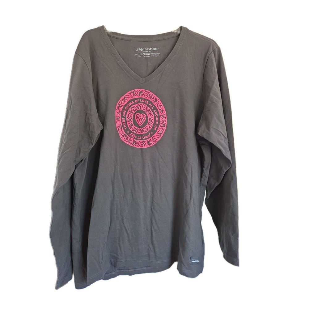NWT Life is Good Womens Crusher  Gray Pink Signs of Love V-Neck Long Sleeve XXXL